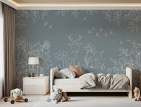 Nature-inspired wall mural in blue with hand-drawn deer and floral outlines