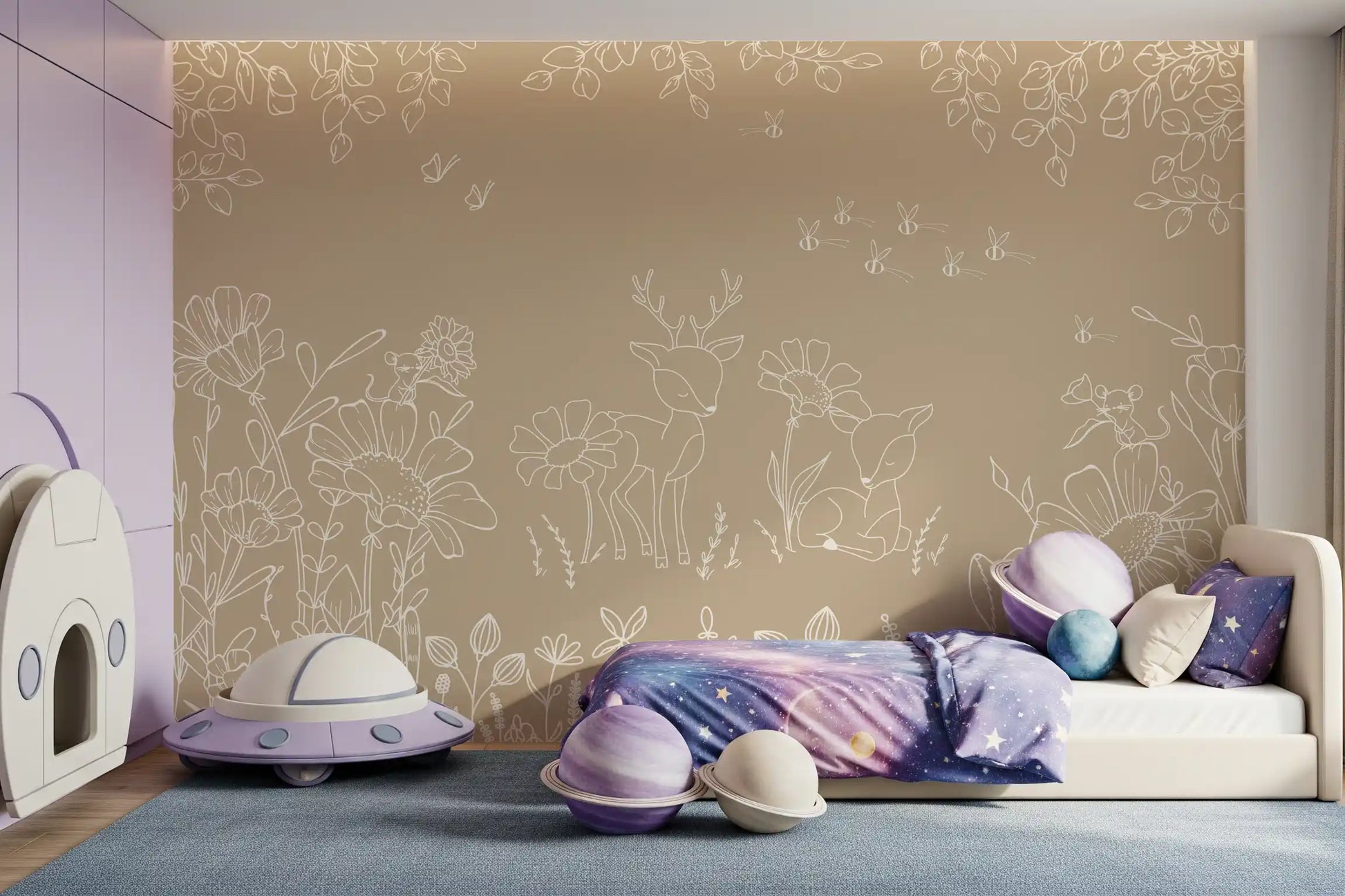Nature-inspired wall mural in brown with hand-drawn deer and floral outlines