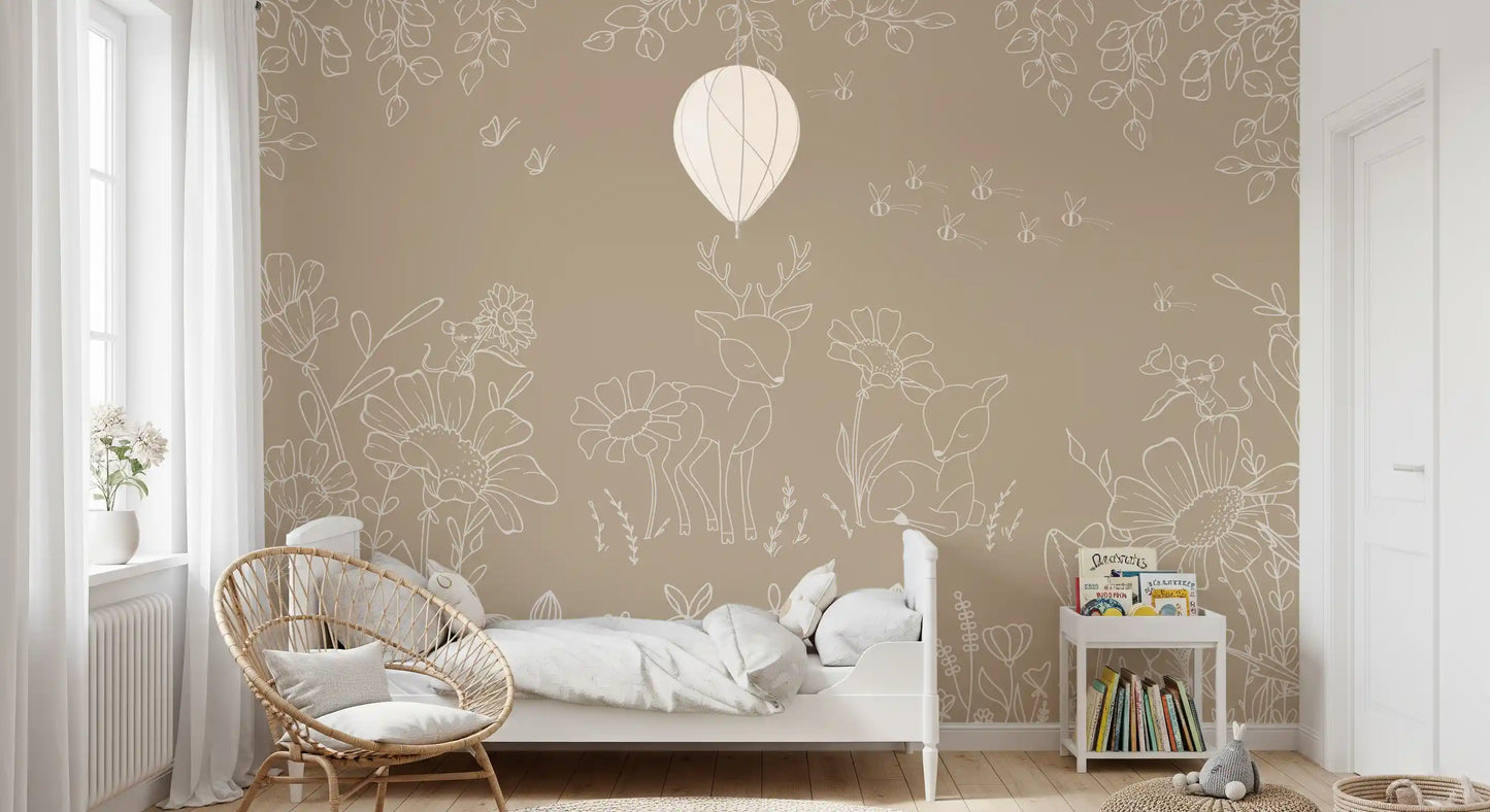 Brown floral wall mural with deer doodles, bees, and meadow sketch elements