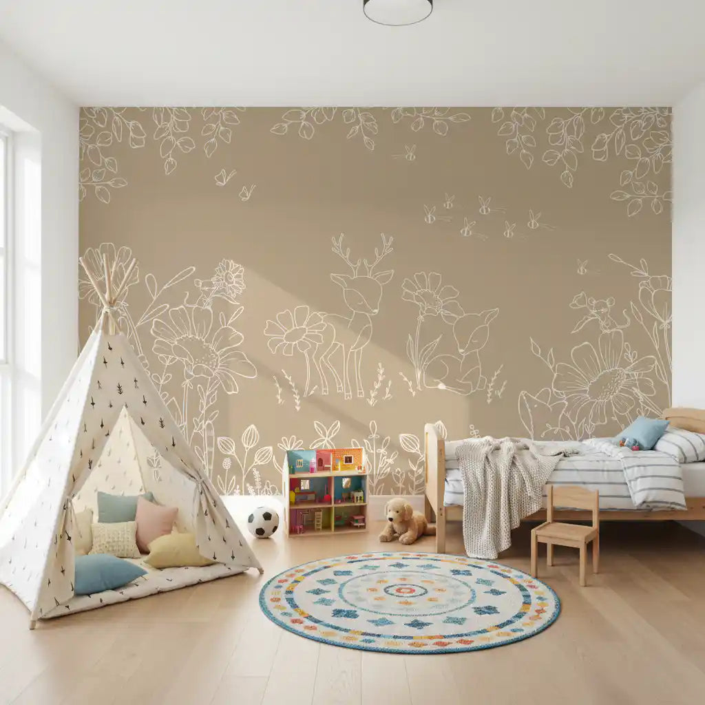 Deer Doodles Brown wall mural in a study room with woodland outline artwork