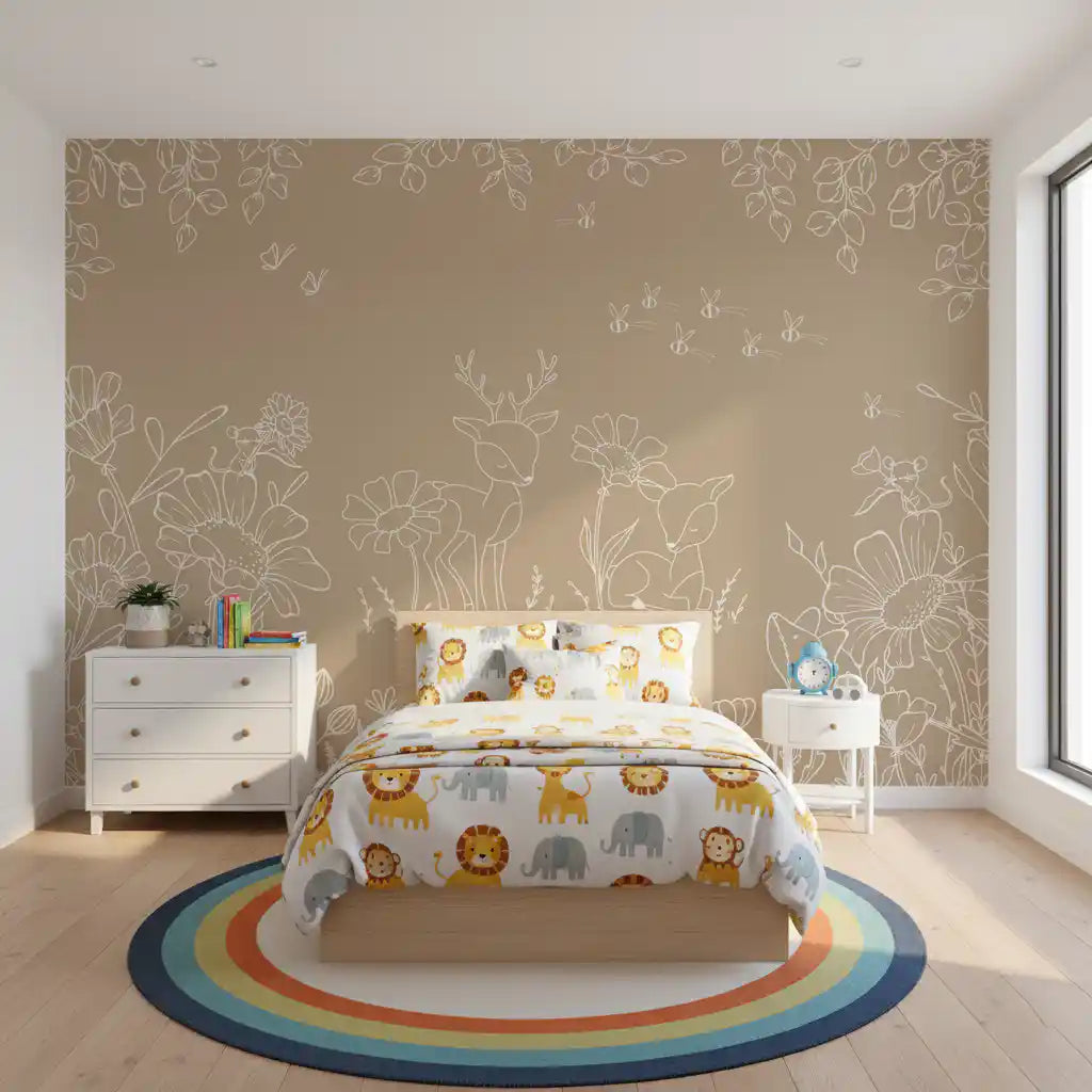 Deer Doodles Brown wall mural in a kids room with floral woodland sketch art
