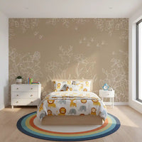 Deer Doodles Brown wall mural in a kids room with floral woodland sketch art