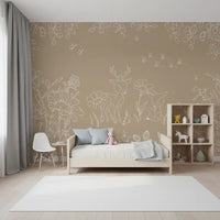 Brown deer wall mural with doodle flowers in a bedroom with modern styling
