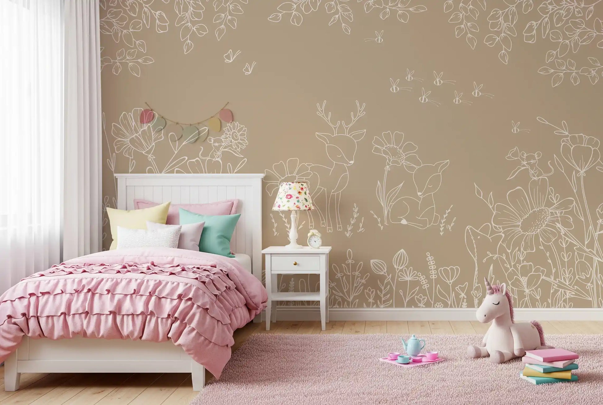 Deer Doodles Brown wall mural with meadow flowers and fine outline illustration