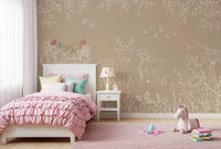 Deer Doodles Brown wall mural with meadow flowers and fine outline illustration