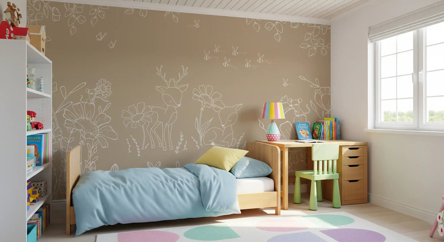 Floral deer wall mural in warm brown for a children room with nature line details