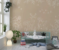 Botanical brown wall mural with doodle deer, bees, and whimsical garden motifs