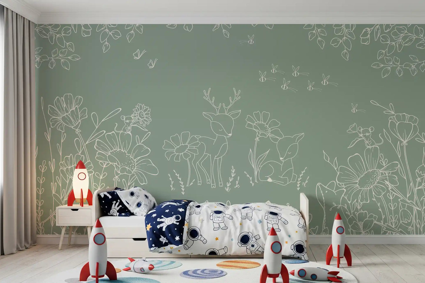 Nature-inspired wall mural in muted sage with doodle deer and blooming flowers