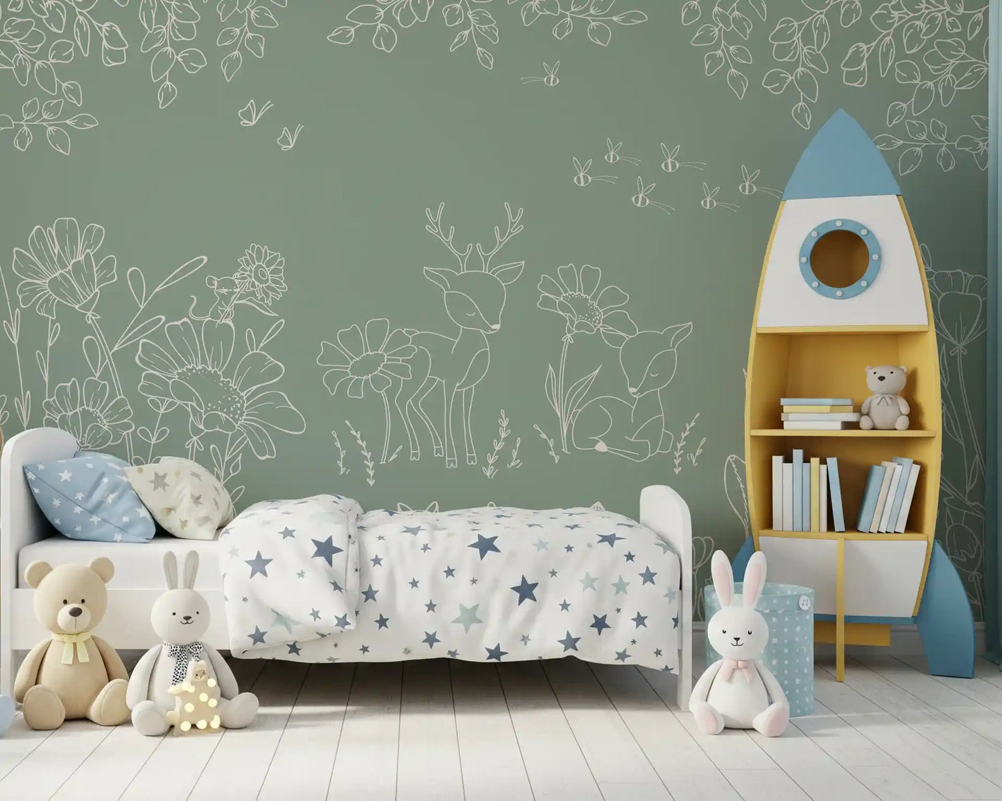 Green deer wall mural with doodle flowers in a kids bedroom with soft modern styling