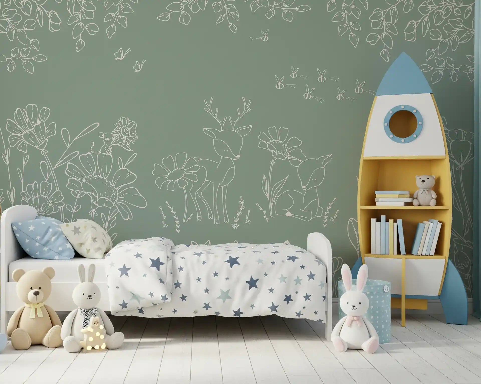 Green deer wall mural with doodle flowers in a kids bedroom with soft modern styling