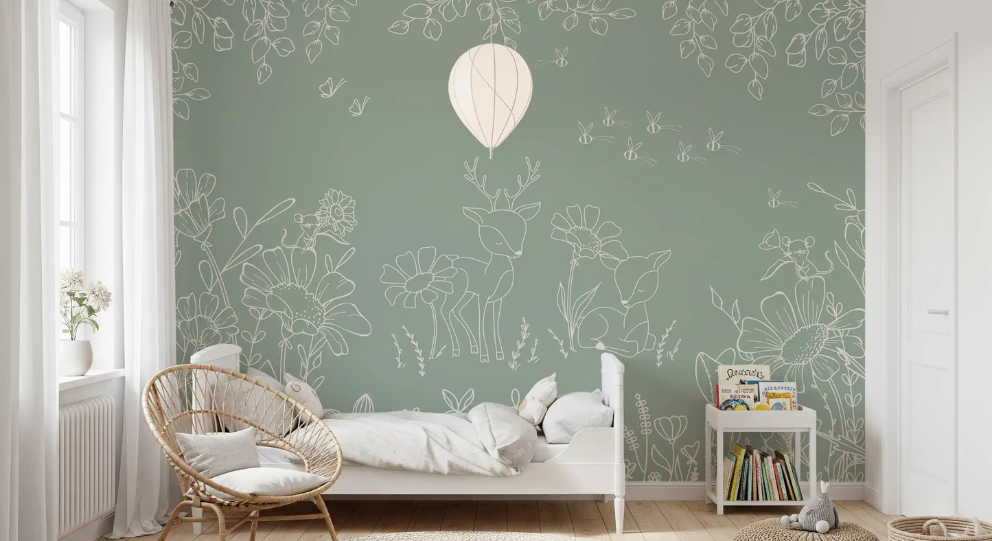 Woodland deer wall mural with soft green background and hand-drawn meadow art