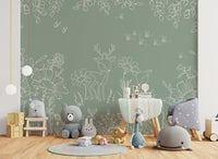 Deer Doodles wall mural with sage floral line work and forest animal details