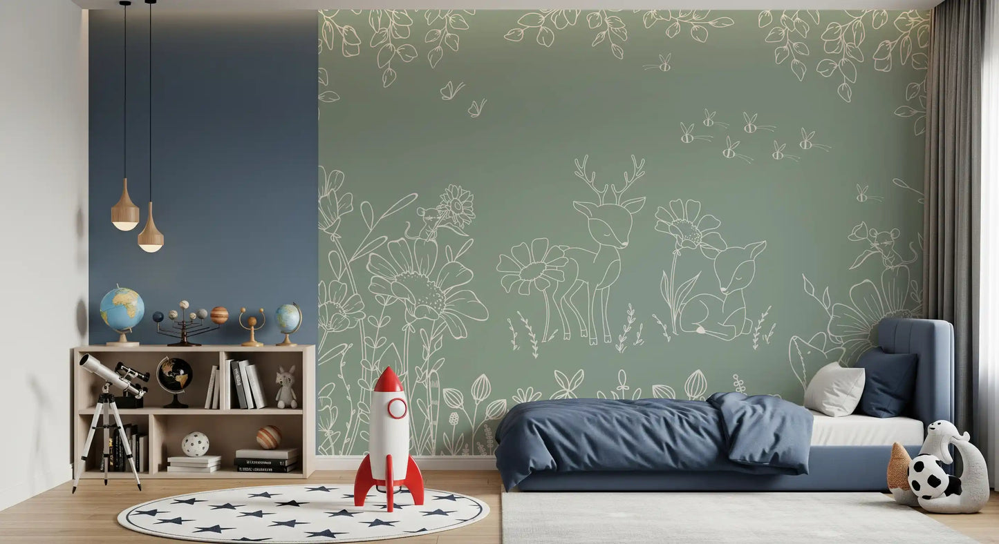 Deer Doodles Green wall mural in a bedroom with sage floral woodland art