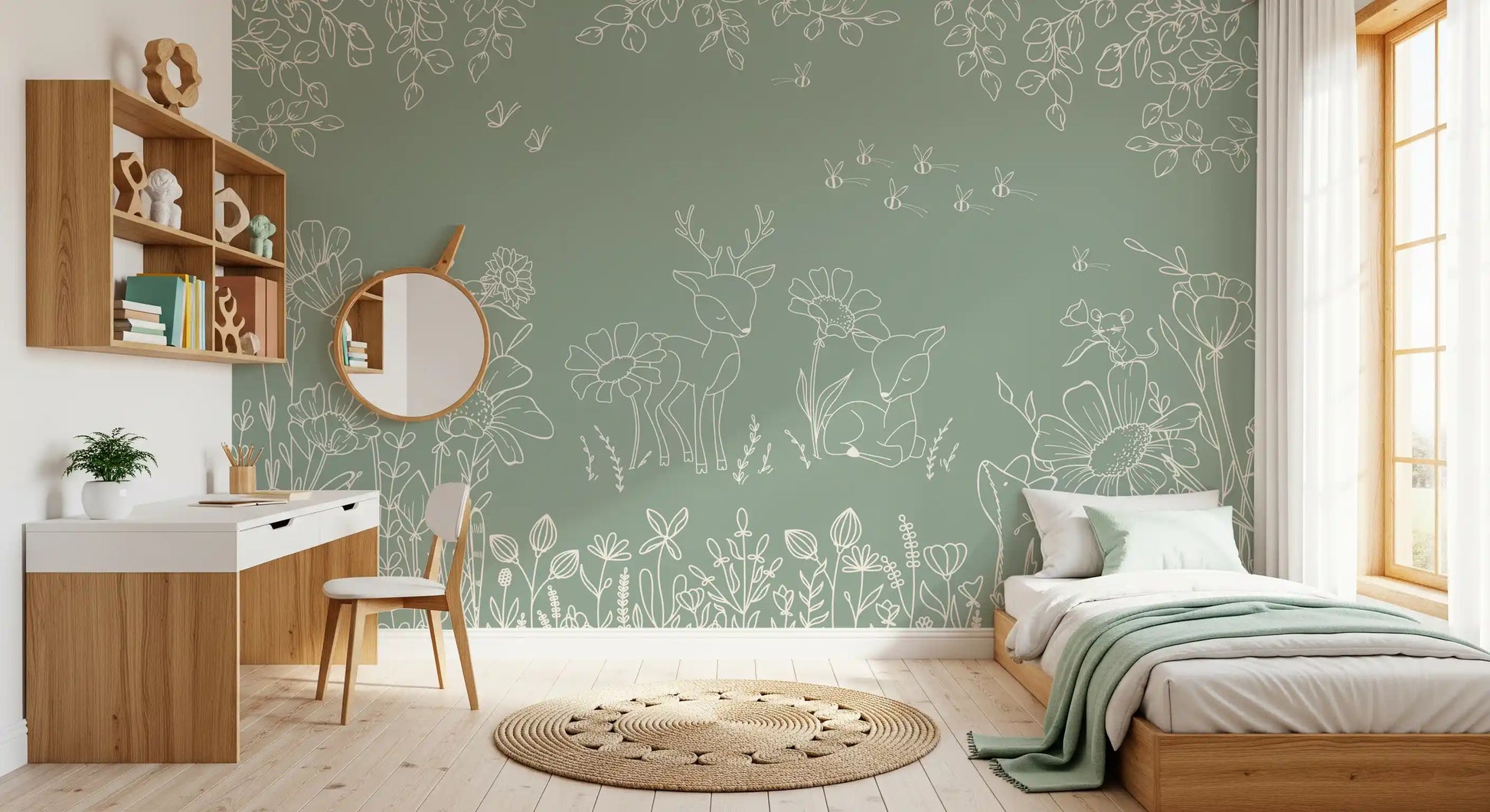 Sage green wall mural with deer doodles, bees, and wildflower sketch details