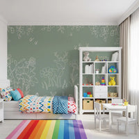 Botanical green wall mural with deer sketches, bees, and whimsical garden elements