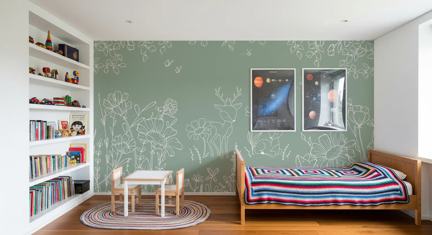 Green floral wall mural featuring deer, mice, and delicate botanical outlines