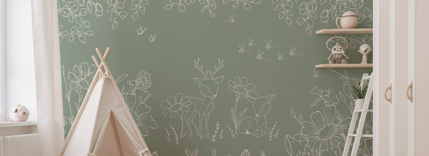 Floral deer wall mural in sage green for a hallway with sketch nature details