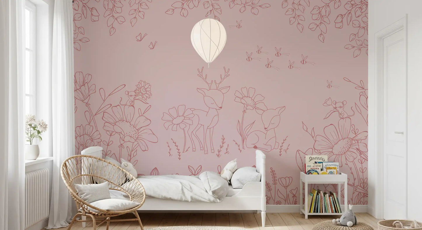 Woodland deer wall mural with blush pink background and hand-drawn meadow art