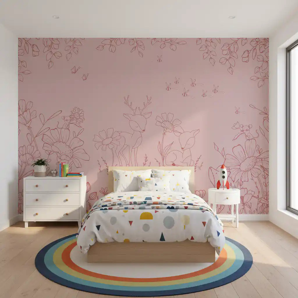 Deer Doodles Pink Dark wall mural in a bedroom with woodland line art