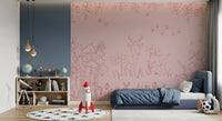 Pink deer wall mural with doodle flowers in a bedroom with soft modern styling