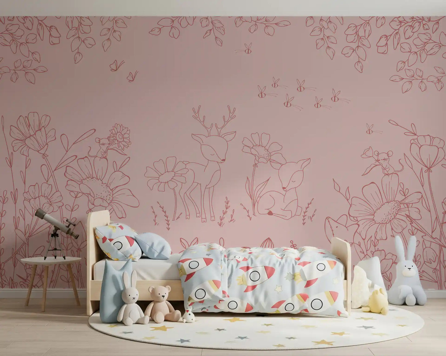 Pink dark floral wall mural featuring deer, mice, and delicate botanical outlines