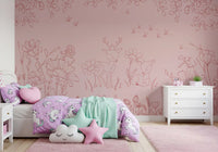 Deer Doodles wall mural with soft pink floral line work and forest animal details