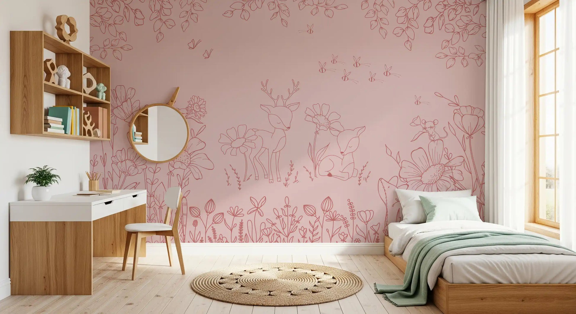 Nature-inspired wall mural in dusty blush with doodle deer and blooming flowers