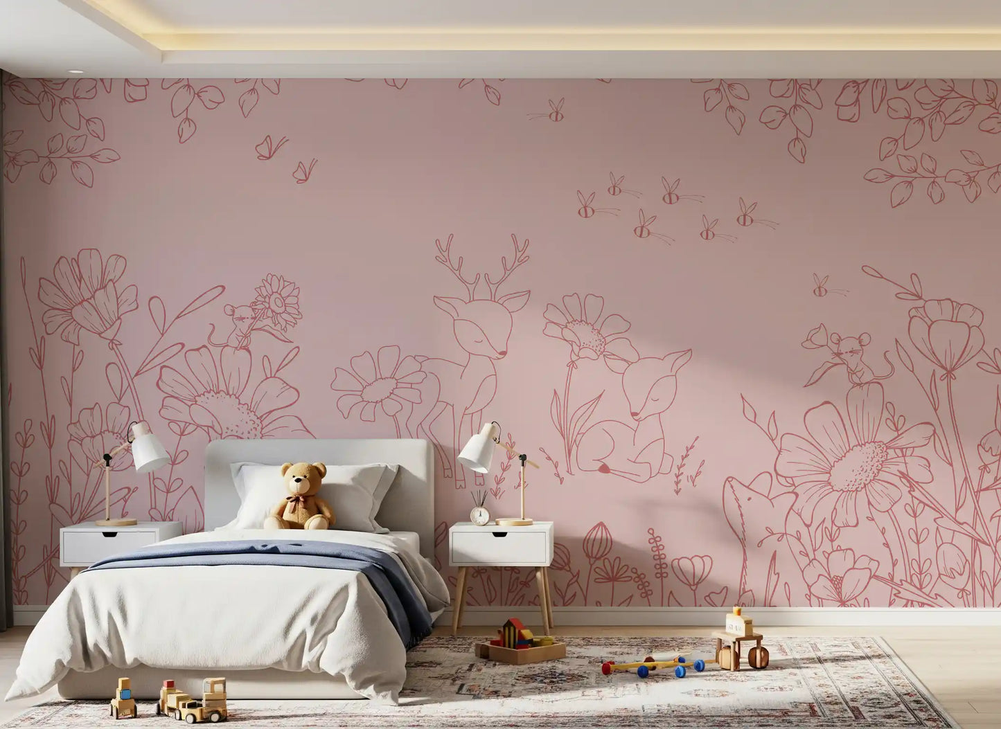 Floral deer wall mural in dusty pink for a kids room with sketch nature details