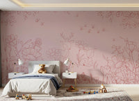 Floral deer wall mural in dusty pink for a kids room with sketch nature details