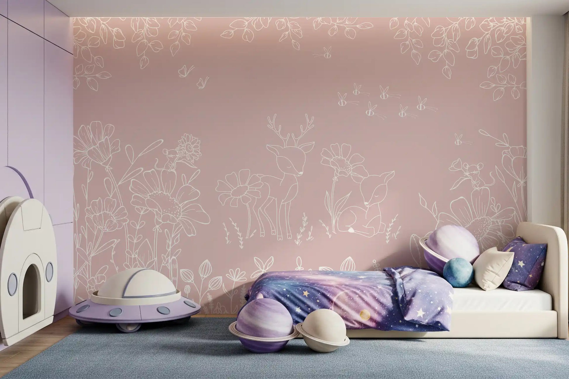 Deer Doodles Pink wall mural flower sketch pattern design