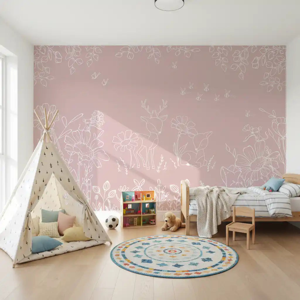 Floral deer wall mural pink doodle woodland illustration