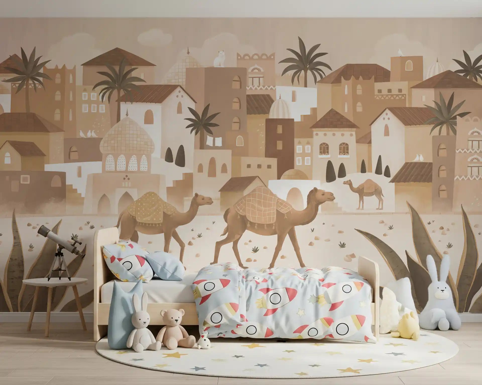 Desert theme wall mural mono camels buildings design