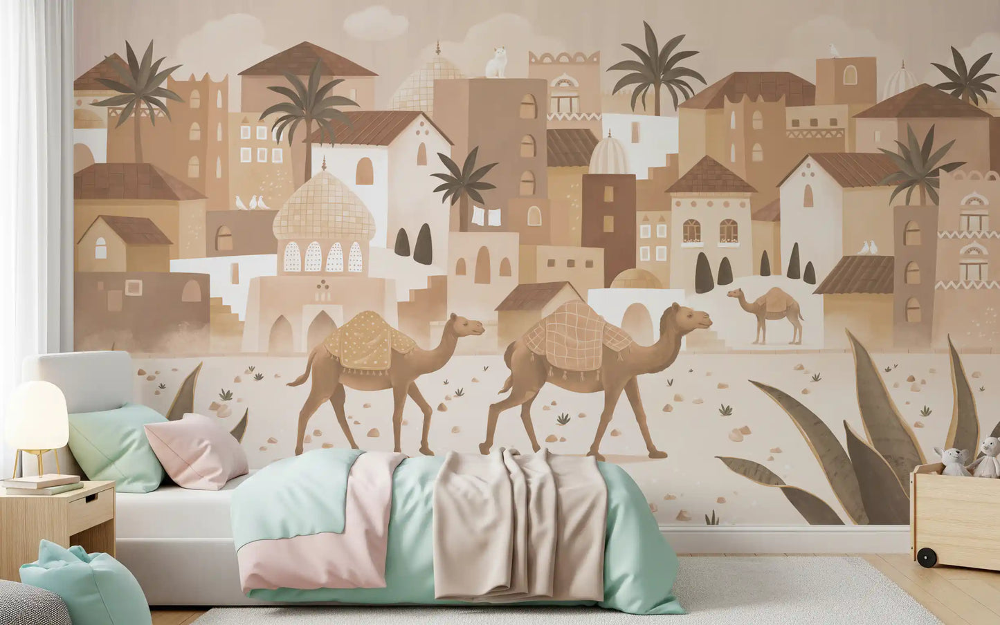 Calm desert scene wall mural mono camel illustration