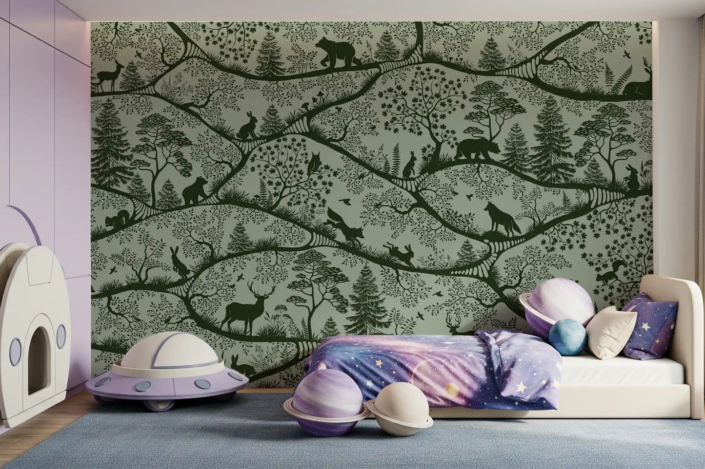 Nordic Nature Green Green wall mural forest animals bedroom decor