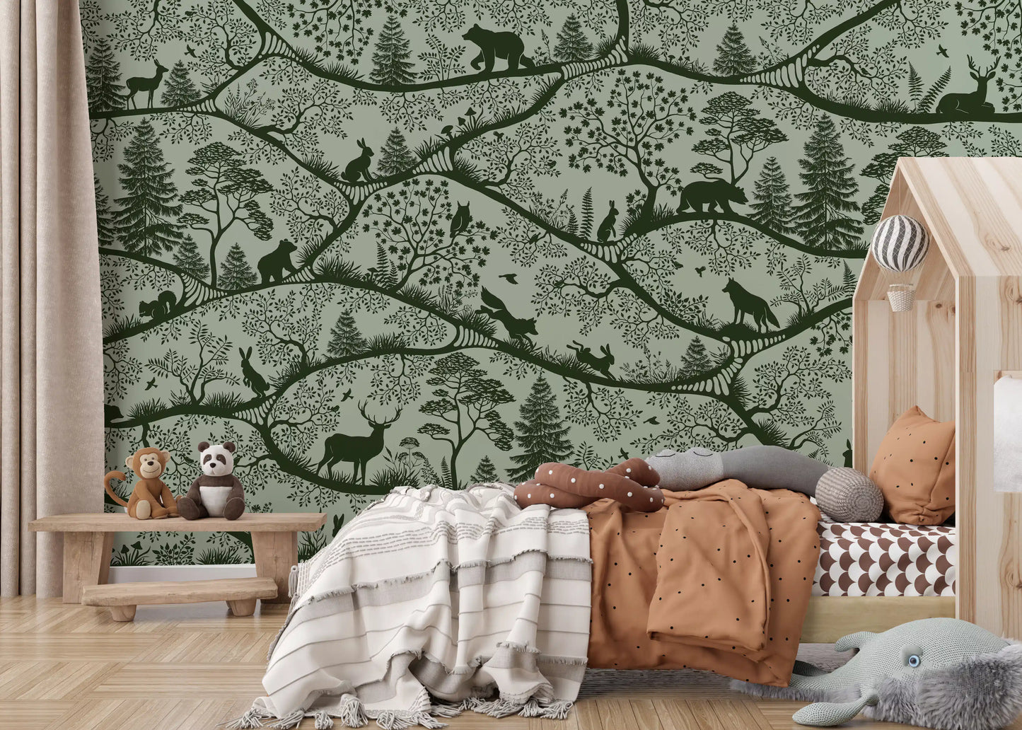 Green forest pattern wall mural Scandinavian wildlife theme
