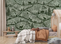 Green forest pattern wall mural Scandinavian wildlife theme