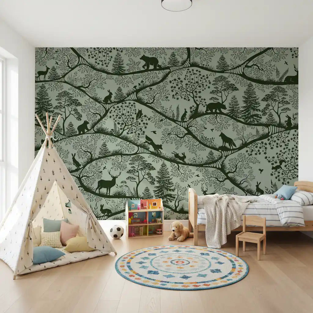 Nordic Nature Green Green wall mural rabbits trees study room setup
