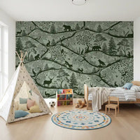 Nordic Nature Green Green wall mural rabbits trees study room setup