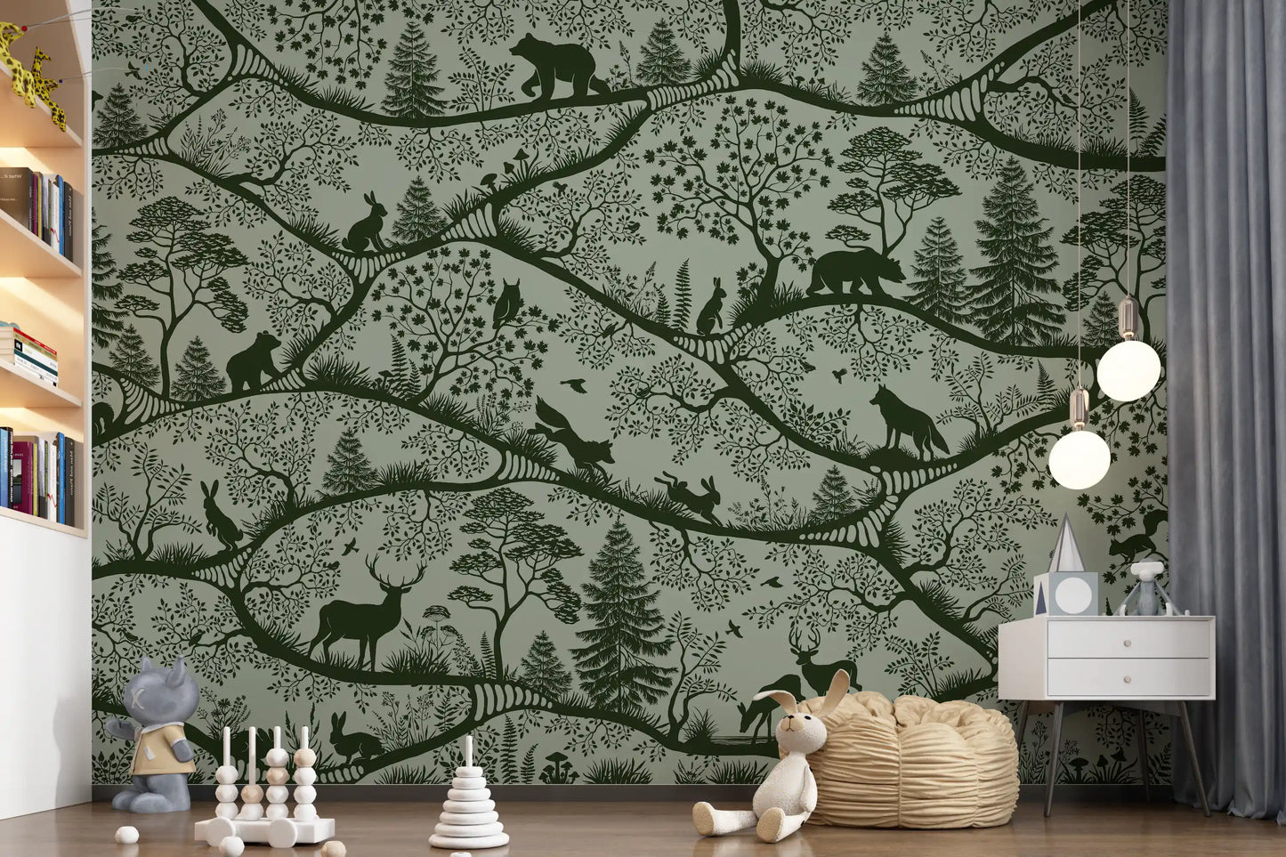 Deep green forest animals wall mural Nordic wildlife pattern design