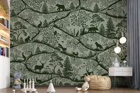 Deep green forest animals wall mural Nordic wildlife pattern design