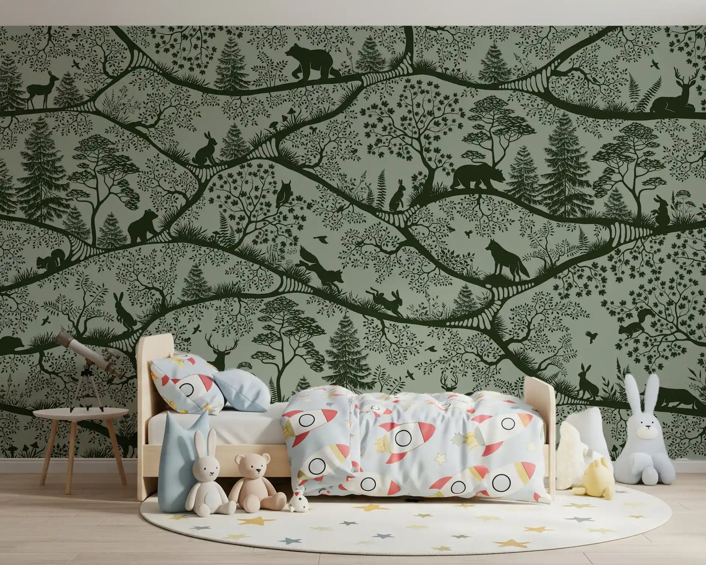 Minimal Scandinavian forest wall mural green green wildlife artwork