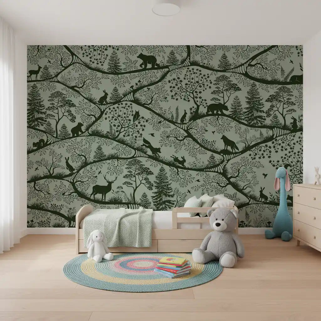Scandinavian nature wall mural deer fox trees green green tones