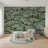 Scandinavian nature wall mural deer fox trees green green tones