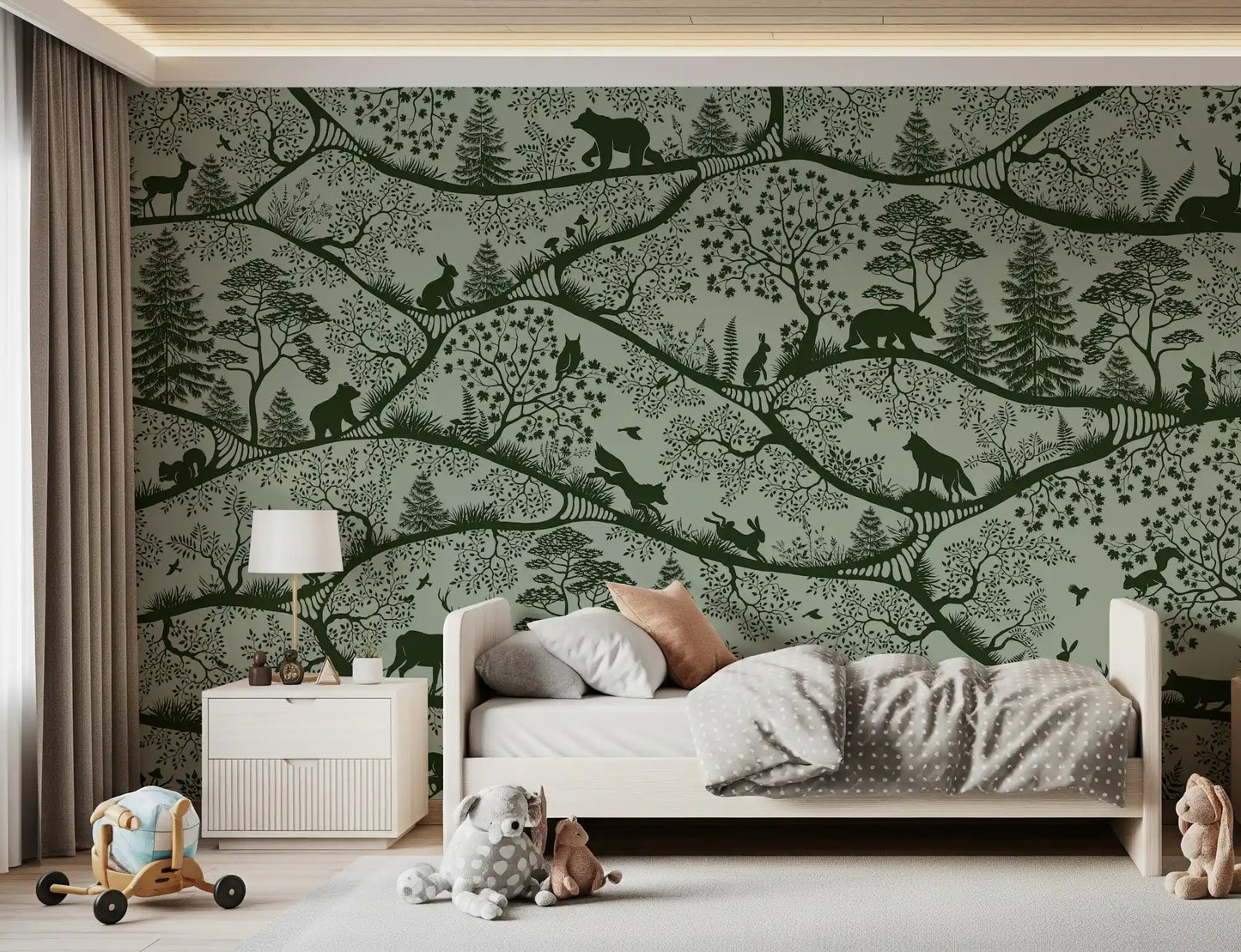 Nordic woodland wall mural green green forest illustration artwork