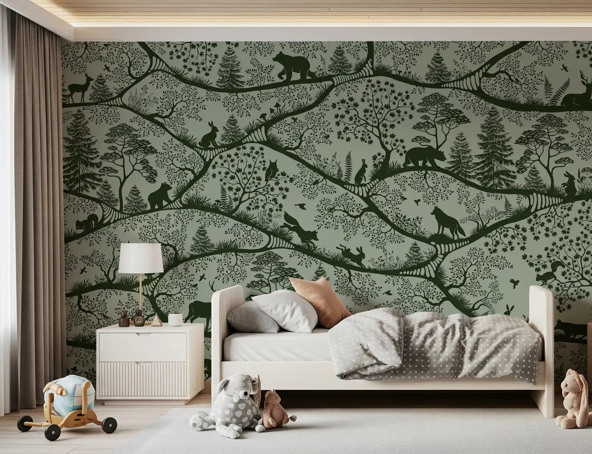 Nordic woodland wall mural green green forest illustration artwork