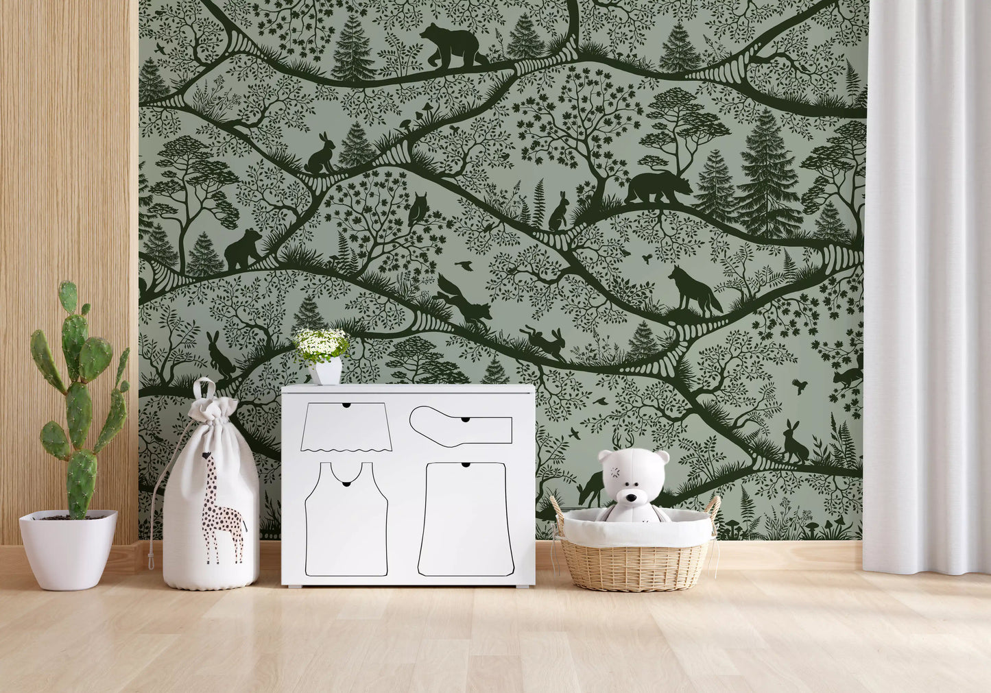 Scandinavian woodland wall mural green green deer trees rooms style