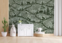 Scandinavian woodland wall mural green green deer trees rooms style