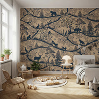Beige blue forest pattern wall mural Scandinavian wildlife theme