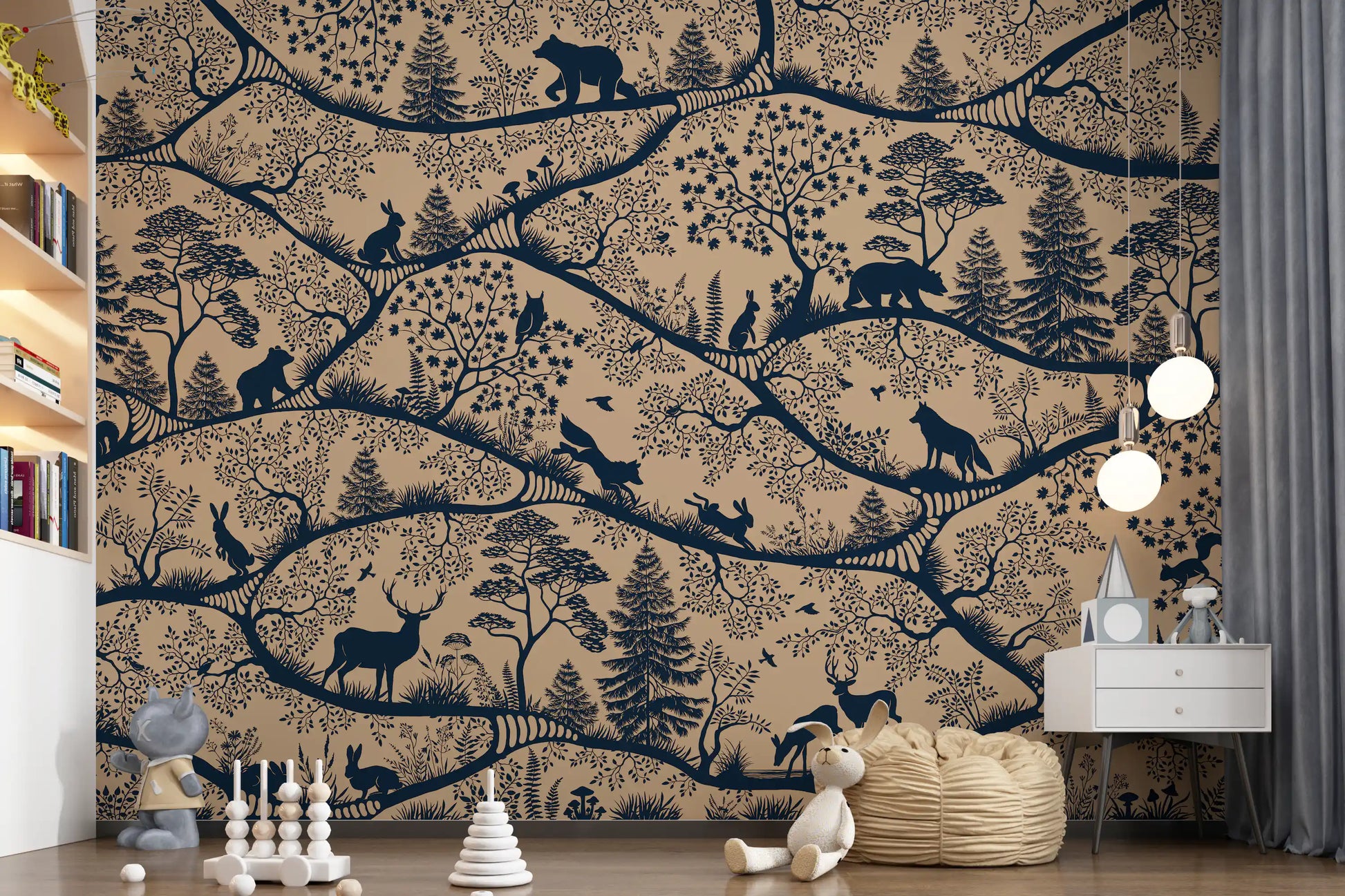 Beige blue Nordic forest wall mural wildlife play area interior design