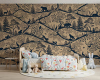 Nordic Nature Beige Blue wall mural rabbits trees girls room setup